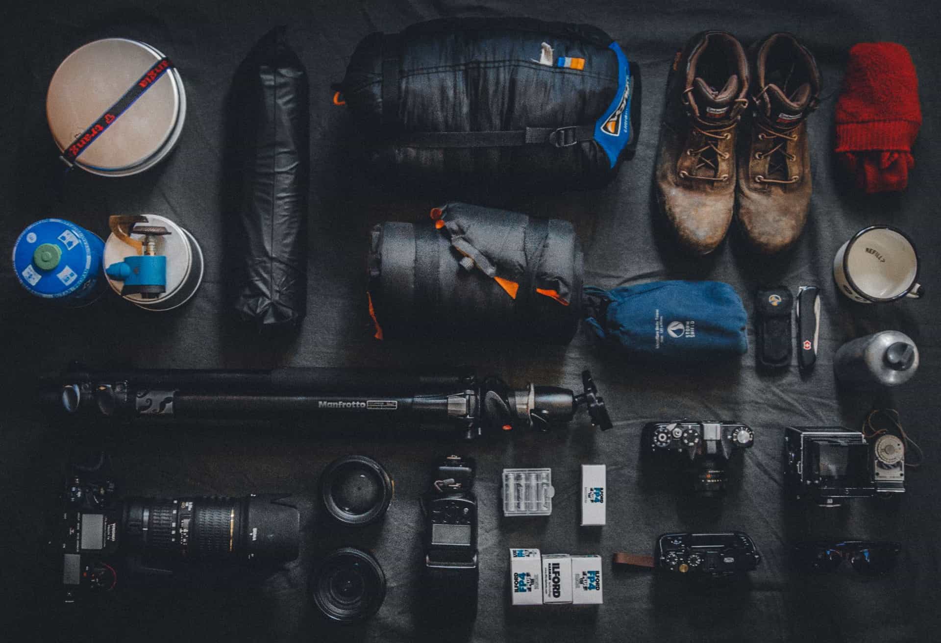 Camping and hookup gear laid out together